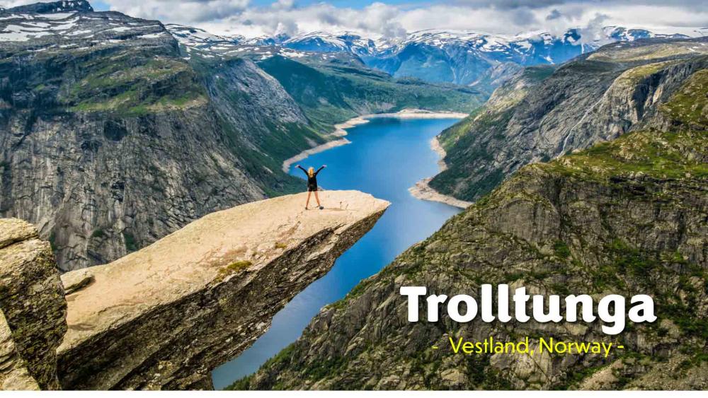 View of Trolltunga rock formation over Hardangerfjord