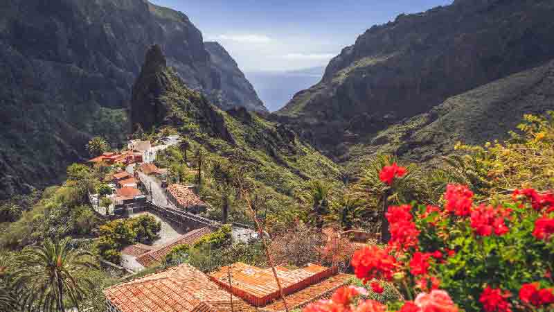 Masca Gorge Hike – Iconic canyon trail in Tenerife Scenic view of Masca village and gorge with volcanic cliffs and ocean backdrop in Tenerife