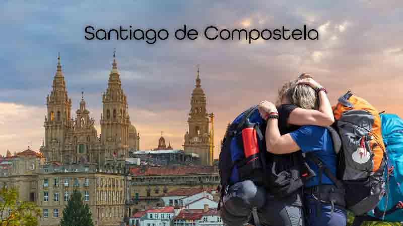 Santiago de Compostela – The emotional arrival of pilgrims at the end of the English Way. Pilgrims hugging in front of Santiago de Compostela Cathedral at sunset, celebrating the end of the Camino de Santiago.