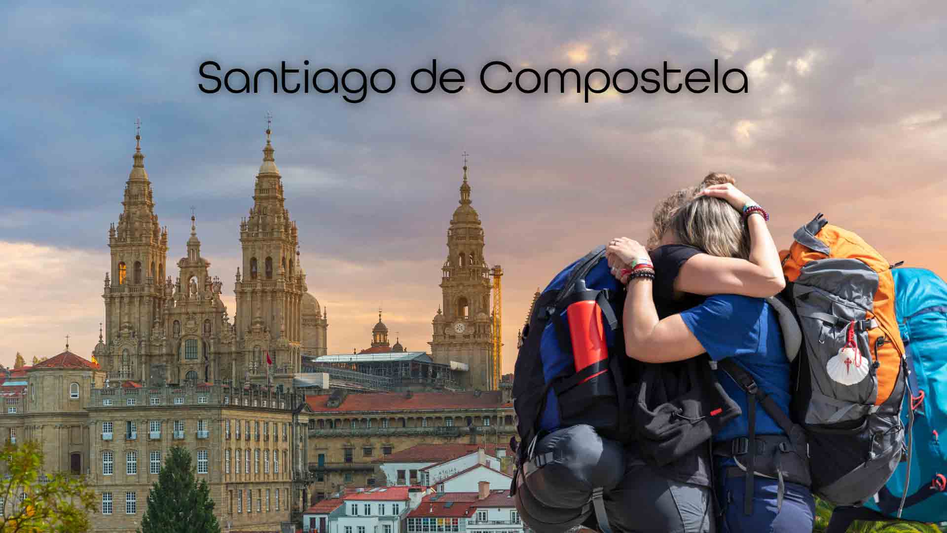 Santiago de Compostela – The emotional arrival of pilgrims at the end of the English Way. Pilgrims hugging in front of Santiago de Compostela Cathedral at sunset, celebrating the end of the Camino de Santiago.