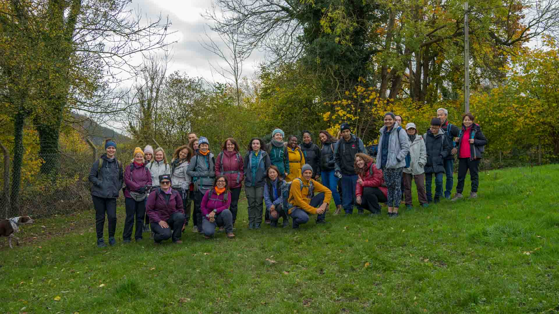 Box Hill and the North Downs Saturday Hike with Hiking in London Club Group of hikers from the Hiking in London Club posing together on a grassy hill during the Box Hill and the North Downs Saturday hike, surrounded by autumn foliage.