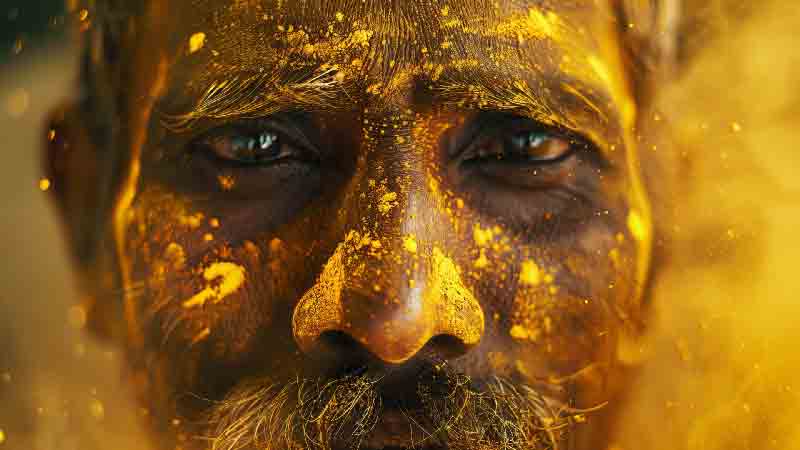 India Photography Adventure: Holi Festival & Golden Triangle Portrait of a man covered in yellow powder during Holi Festival, India Photography Adventure