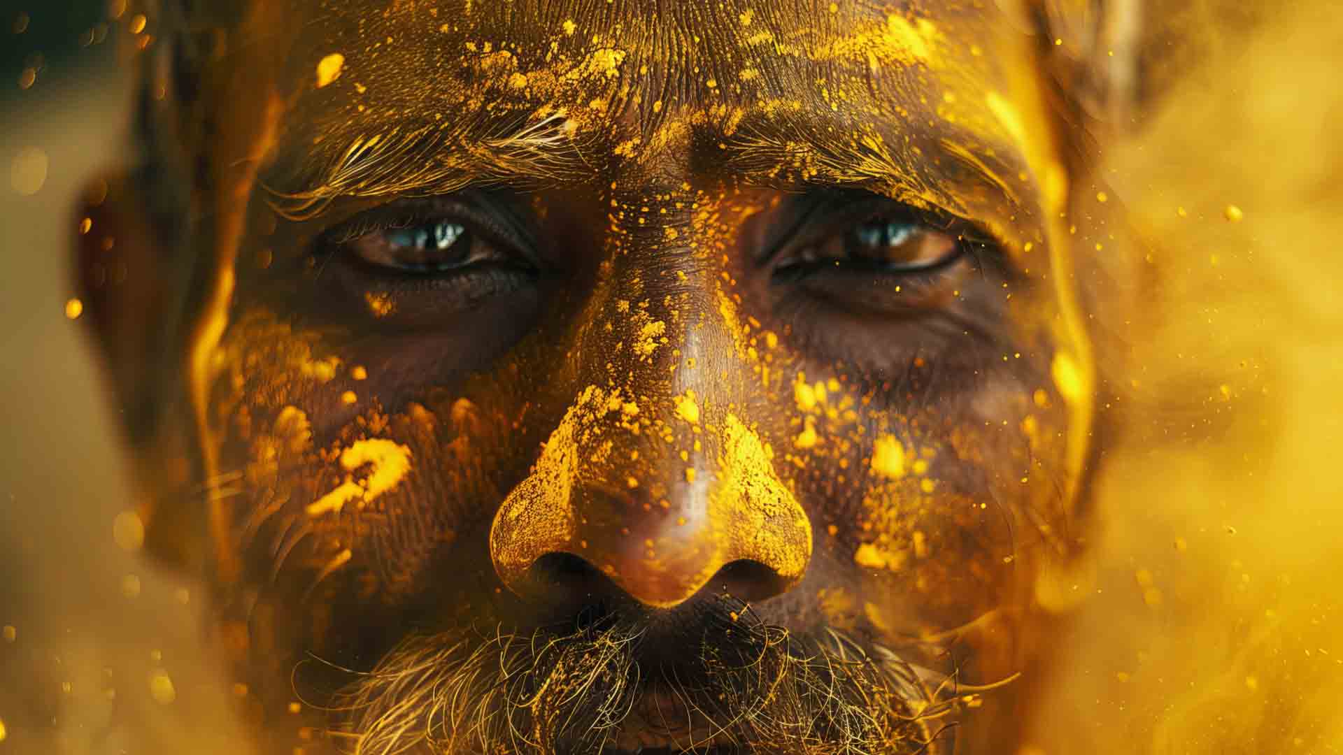 India Photography Adventure: Holi Festival & Golden Triangle Portrait of a man covered in yellow powder during Holi Festival, India Photography Adventure