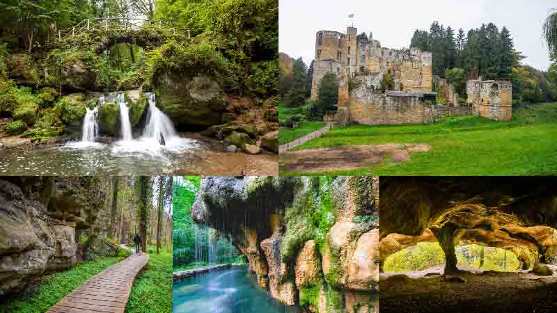 Mullerthal Trail waterfalls, castle ruins, forest path, natural caves and rock formations in Luxembourg.