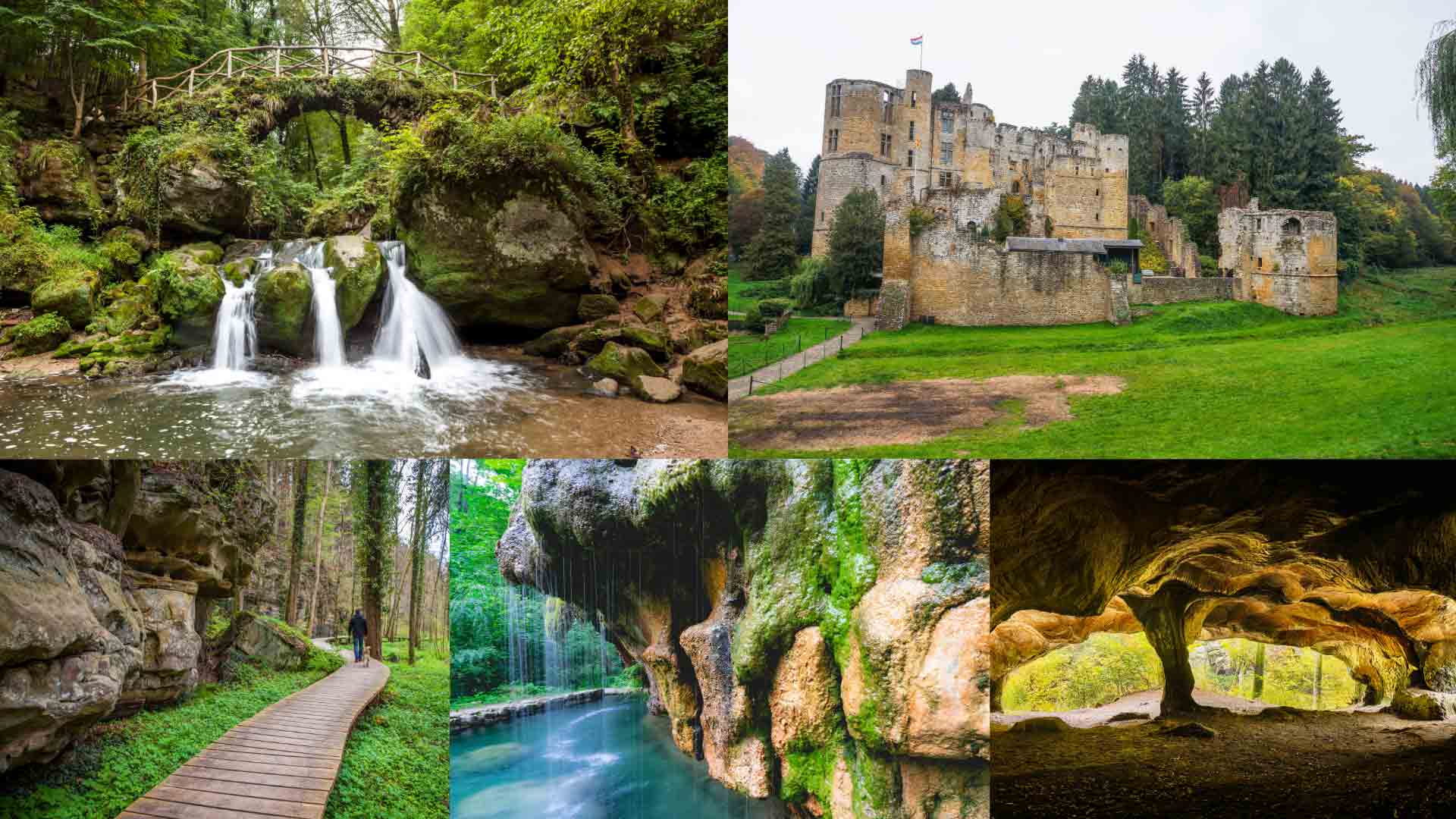 Mullerthal Trail waterfalls, castle ruins, forest path, natural caves and rock formations in Luxembourg.