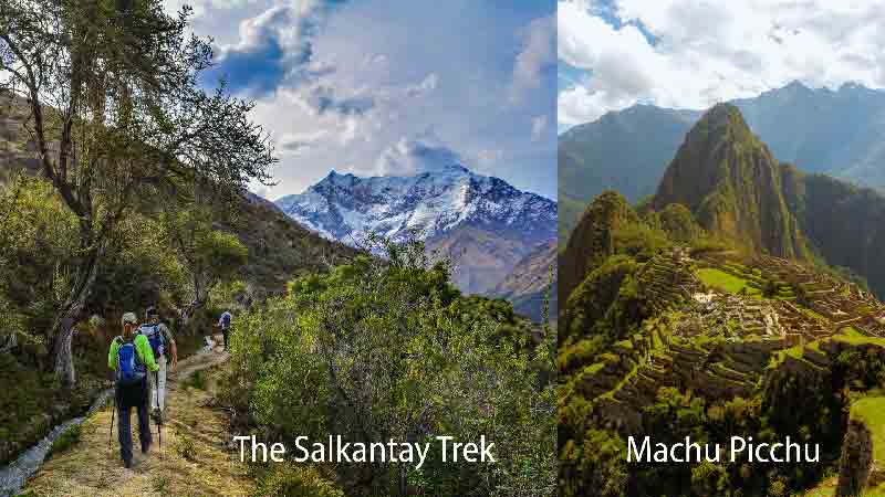 The Salkantay Trek to Machu Picchu Split view: on the left, a small group of hikers with trekking poles walks a narrow mountain path flanked by shrubs and a high Andean peak; on the right, the sunlit stone terraces of Machu Picchu rise against a backdrop of lush green mountains.