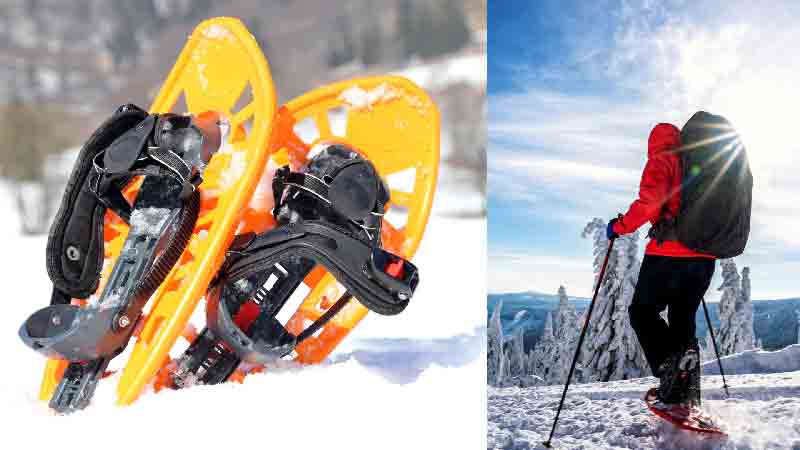 Snowshoeing Adventure – Explore Winter Trails with Hiking in London Club Pair of orange snowshoes in the snow and hiker walking with snowshoes on a snowy mountain trail