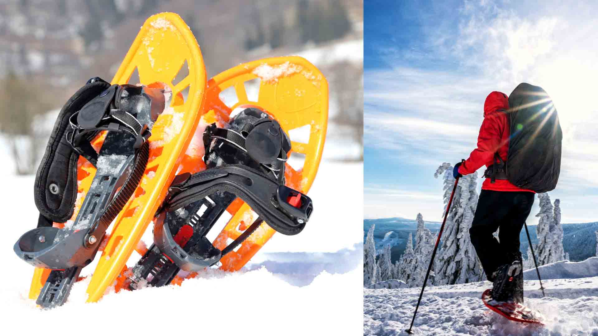 Snowshoeing Adventure – Explore Winter Trails with Hiking in London Club Pair of orange snowshoes in the snow and hiker walking with snowshoes on a snowy mountain trail