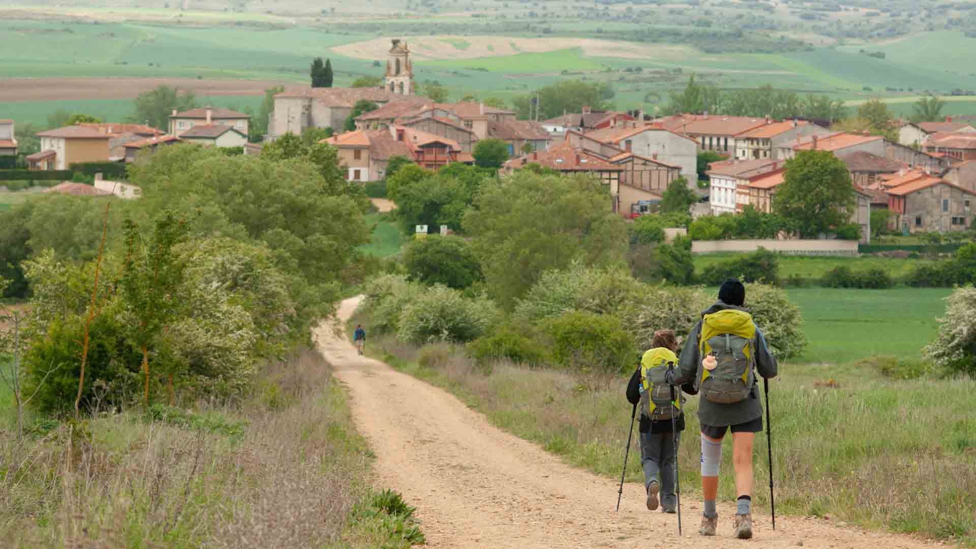 Two hikers with backpacks and walking poles approaching a rural village on the Camino Inglés route to Santiago de Compostela, Spain Camino Inglés hikers, St James’s Way, walking to Santiago de Compostela, Galician countryside, Spanish pilgrimage route, hiking in Spain, rural landscape, Hiking in London Club event
