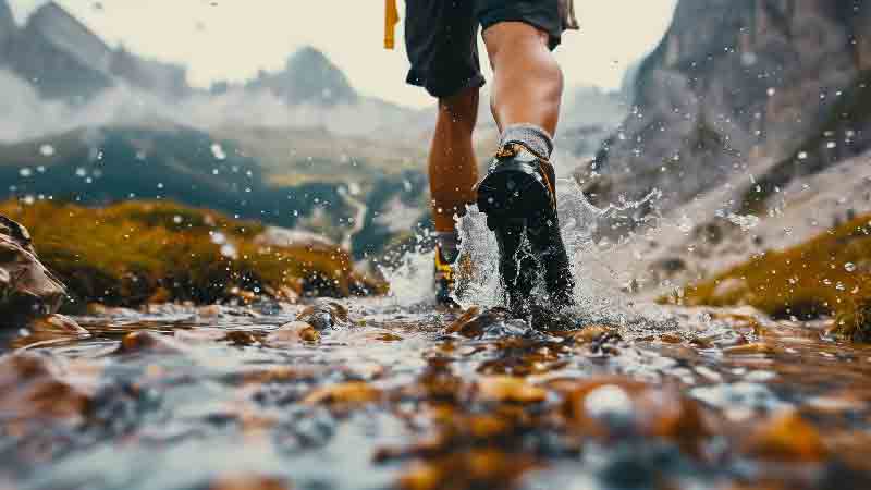 Close-up of a hiker’s waterproof boots splashing through a shallow stream during a Water Walking adventure in the UK, surrounded by scenic mountain views.